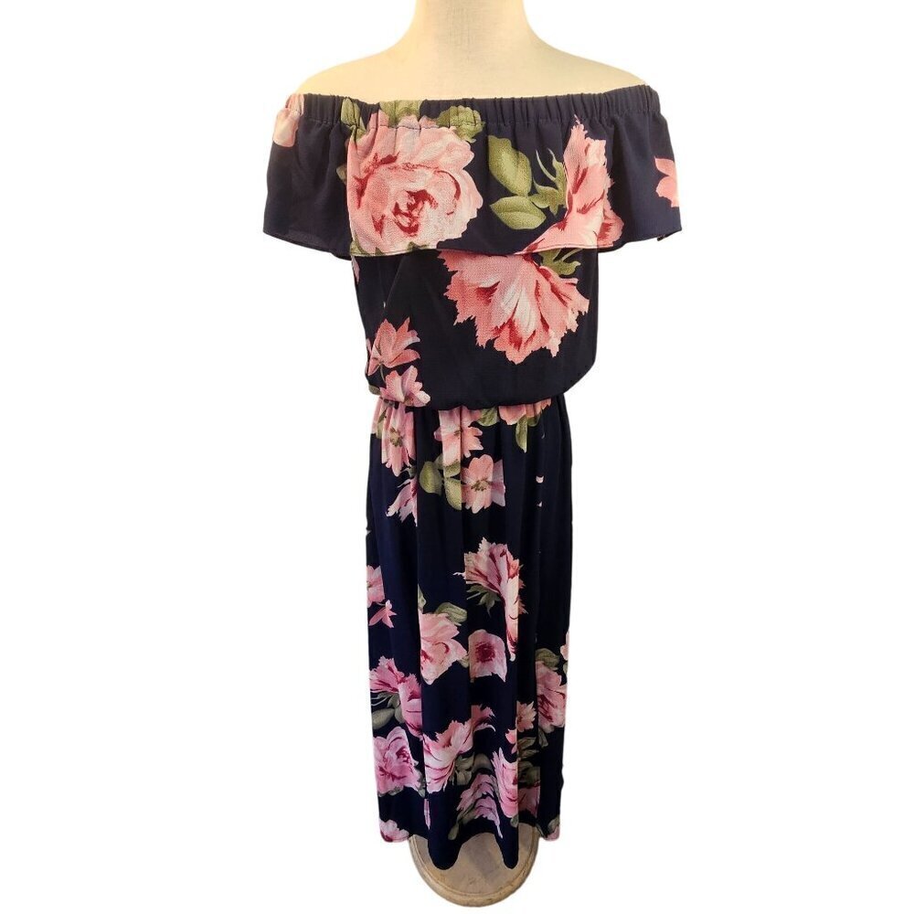 Rebecca B Flounce Off-Shoulder Maxi Dress Sz 6 Pink Floral on Navy Poly Spandex